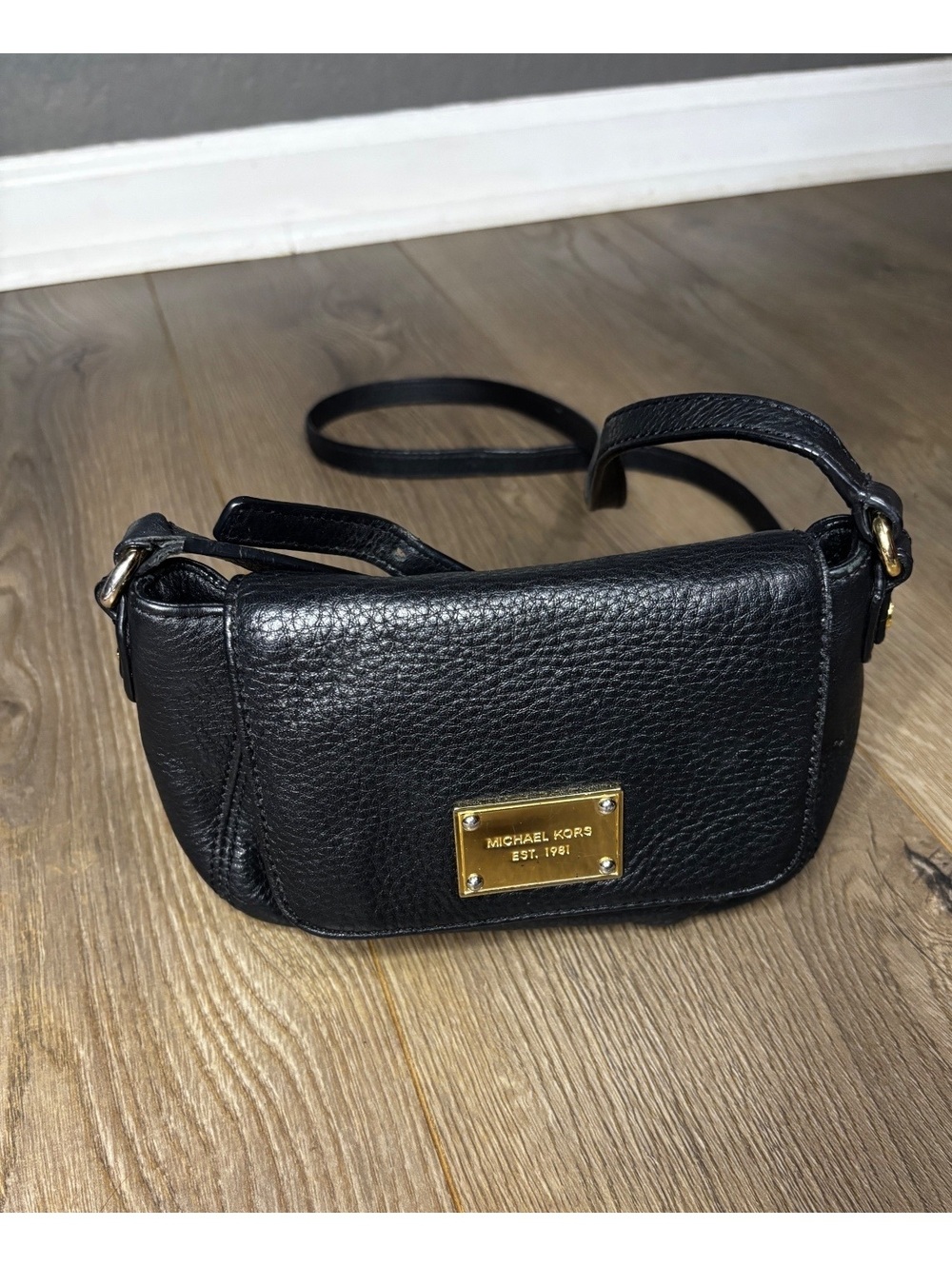 Michael Kors Black Leather Crossbody Bag with Gold Plate